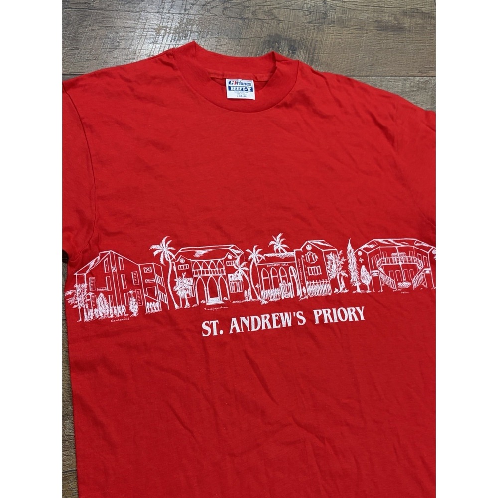 Vintage 80s St. Andrews Priory Honolulu‎ Hawaii Graphic Tee Red Medium Beach - Picture 2 of 8